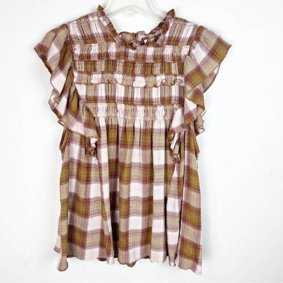 Free People Not Your Average Girl Plaid Top Ruffle Babydoll Medium Boho Cottage - Picture 12 of 12